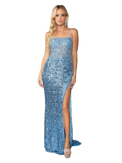Dq Sequined Sheath Gown With Scalloped Neckline And Side Slit Prom Dress In Blue