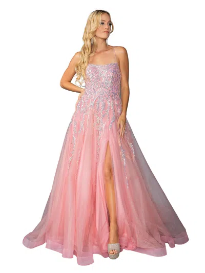 Dq Sequined Tulle A-line Gown With Front Slit And Spaghetti Straps Prom Dress In Pink