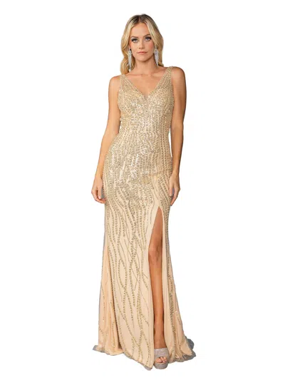 Dq Sequin-embellished Gown With V-neckline And High Slit Detail Prom Dress In Gold