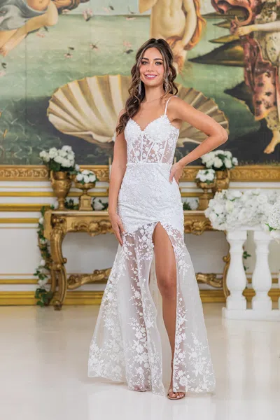 Dq Sheer Lace Wedding Dress With Spaghetti Straps, Floral Embroidery, Sweetheart Neckline, And High Sli In White