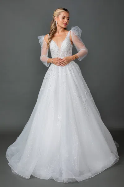 Dq Sheer Puff-sleeve Wedding Ball Gown With Beaded Lace Bodice And Glitter Tulle Skirt In White