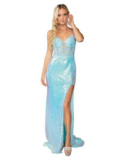 Dq Shimmering Sequin Gown With Sheer Bodice And Thigh-high Slit Prom Dress In Blue