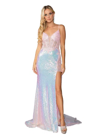 Dq Shimmering Sequin Gown With Sheer Bodice And Thigh-high Slit Prom Dress In Multi