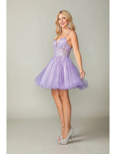 Dq Short Tulle Dress With Beaded Lace Bodice And Spaghetti Strap Back Homecoming Dress In Purple