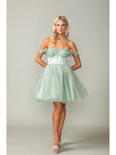 Dq Short Tulle Dress With Ruffled Off-the-shoulder Sleeves And Lace-up Corset Back In Green