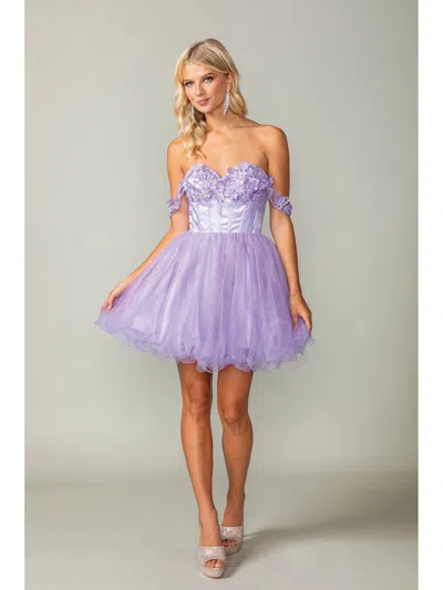 Dq Short Tulle Dress With Ruffled Off-the-shoulder Sleeves And Lace-up Corset Back In Purple