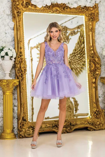 Dq Short V-neck Homecoming Dress With Embroidered Lace Bodice And Tulle Skirt In Blue