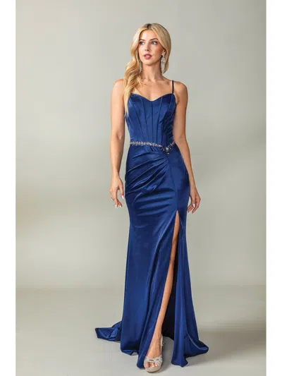 Dq Silky Satin Gown With Jewel-encrusted Waistline And High Side Slit Prom Dress In Blue