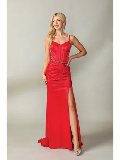 Dq Silky Satin Gown With Jewel-encrusted Waistline And High Side Slit Prom Dress In Red