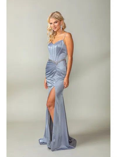 Dq Silky Satin Gown With Jewel-encrusted Waistline And High Side Slit Prom Dress In White