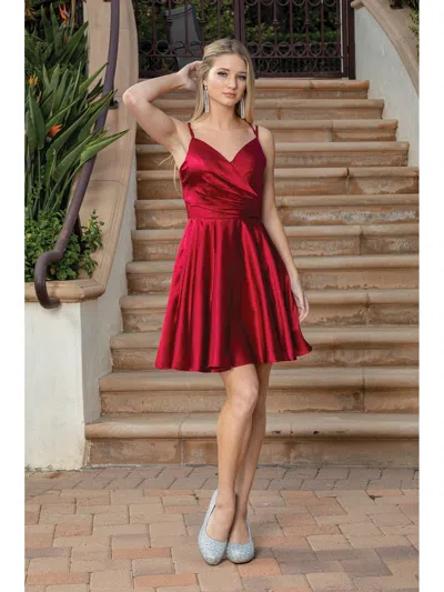 Dq Silky Wrap-front Skater Dress With V-neckline And Adjustable Spaghetti Straps Homecoming Dress In Burgundy