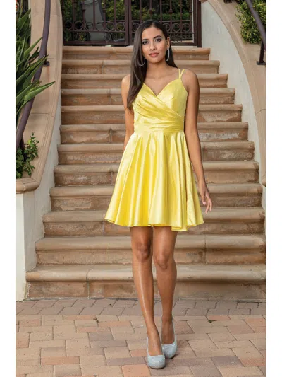 Dq Silky Wrap-front Skater Dress With V-neckline And Adjustable Spaghetti Straps Homecoming Dress In Yellow
