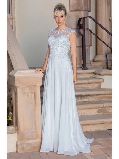Dq Sleek A-line Gown With Illusion Lace Neckline And Button-detailed Back Wedding Dress In Blue