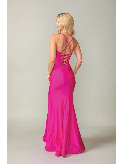 Dq Sleek Fit-and-flare Gown With Crisscross Back And Side Slit Prom Dress In Pink