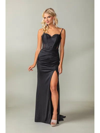 Dq Sleek Gown With Sheer Beaded Bodice And Side Slit Prom Dress In Black