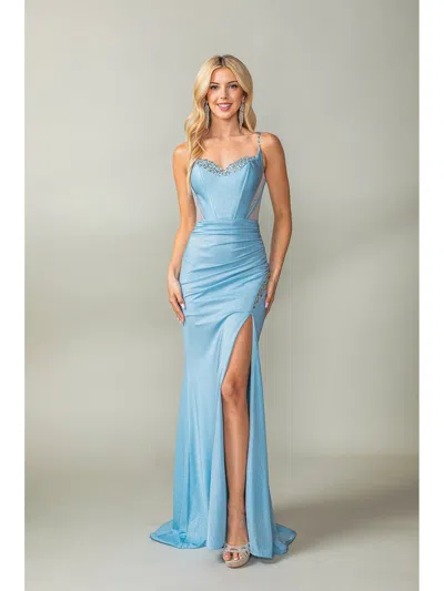 Dq Sleek Gown With Sheer Beaded Bodice And Side Slit Prom Dress In Blue