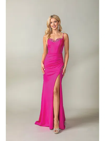 Dq Sleek Gown With Sheer Beaded Bodice And Side Slit Prom Dress In Pink
