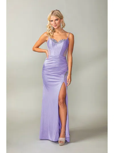Dq Sleek Gown With Sheer Beaded Bodice And Side Slit Prom Dress In Purple