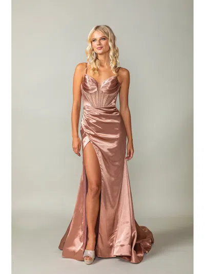 Dq Sleek Satin Mermaid Dress With Cowl Back And Spaghetti Straps Prom Dress In Brown