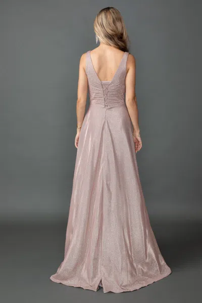 Dq Sleeveless Glitter A-line Prom Dress With Ruched V-neck Bodice And Flowing Skirt In Gray