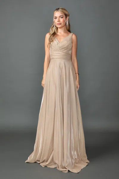 Dq Sleeveless Glitter A-line Prom Dress With Ruched V-neck Bodice And Flowing Skirt In Neutral