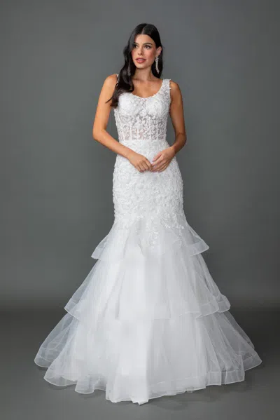 Dq Sleeveless Lace Applique Wedding Gown With Sheer Bodice And Tiered Mermaid Skirt In White