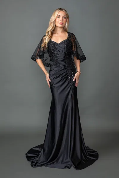 Dq Sleeveless Sweetheart Neckline Prom Dress With Beaded Lace Bodice, Draped Satin Skirt, And High Slit In Black