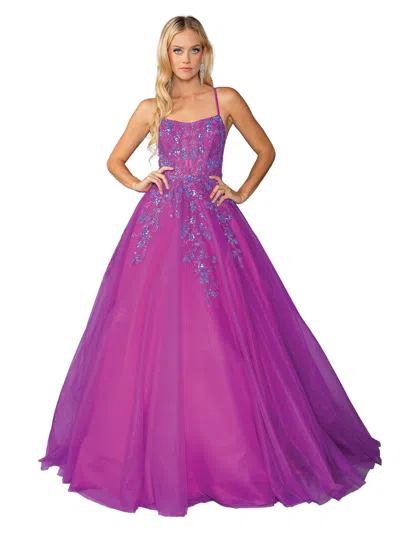 Dq Sleeveless Tulle Ballgown With Floral Embroidery And Sheer Bodice Prom Dress In Purple