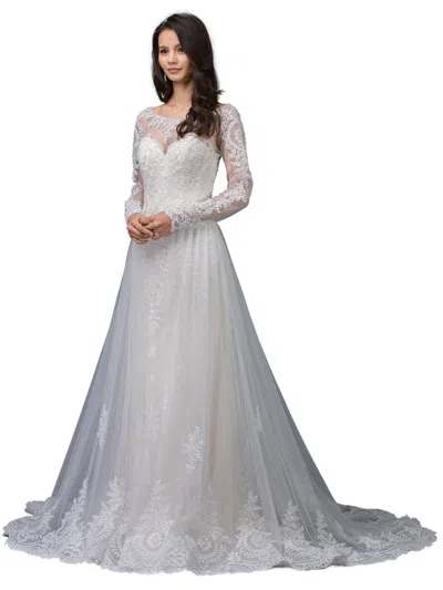 Dq Sophisticated Mermaid Gown With Deep V-neckline, Lace Appliques And Illusion Back With Button Detail In White