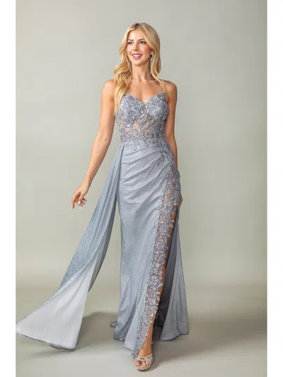 Dq Spaghetti Strap Glitter Gown With Lace-up Back And Cascading Side Ruffle Prom Dress In Blue