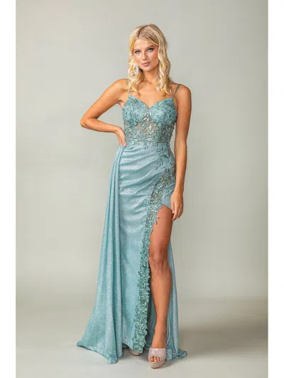 Dq Spaghetti Strap Glitter Gown With Lace-up Back And Cascading Side Ruffle Prom Dress In Blue
