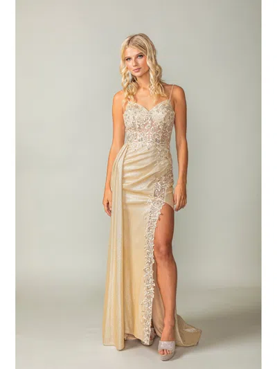 Dq Spaghetti Strap Glitter Gown With Lace-up Back And Cascading Side Ruffle Prom Dress In Neutral