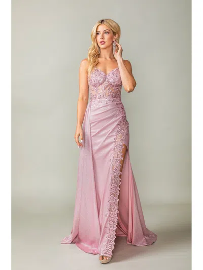 Dq Spaghetti Strap Glitter Gown With Lace-up Back And Cascading Side Ruffle Prom Dress In Pink