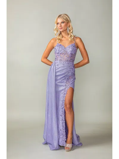 Dq Spaghetti Strap Glitter Gown With Lace-up Back And Cascading Side Ruffle Prom Dress In Purple