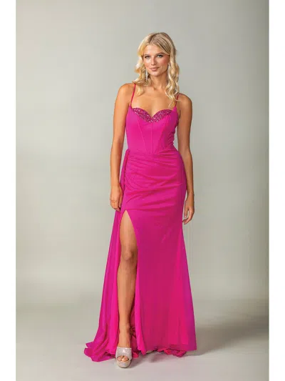 Dq Spaghetti Strap Gown With Beaded Bust And Side Slit Detail Prom Dress In Pink
