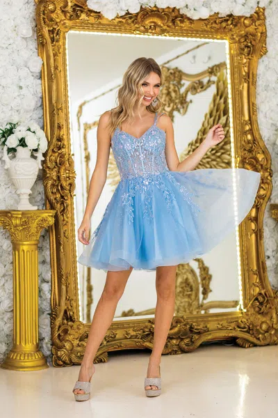 Dq Spaghetti Strap Homecoming Dress With Embroidered Bodice And Layered Tulle Skirt In Blue