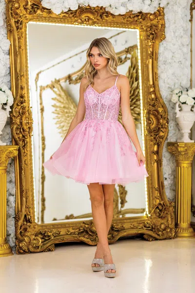 Dq Spaghetti Strap Homecoming Dress With Embroidered Bodice And Layered Tulle Skirt In Pink