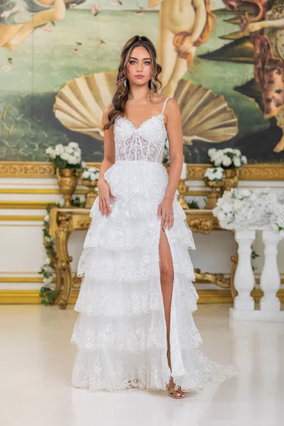 Dq Spaghetti Strap Lace Wedding Dress With Tiered Skirt, Sheer Bodice, And High Slit In White