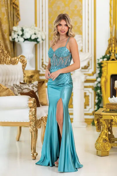 Dq Spaghetti Strap Prom Dress With Beaded Corset, Draped Skirt, And Side Slit In Multi