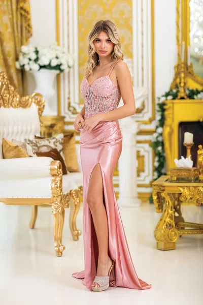 Dq Spaghetti Strap Prom Dress With Beaded Corset, Draped Skirt, And Side Slit In Pink