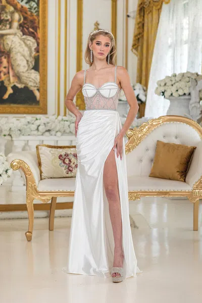 Dq Spaghetti Strap Satin Wedding Dress With Sheer Corset Bodice, Rhinestone Detailing, Draped Skirt, An In White