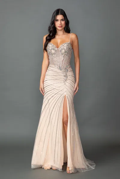 Dq Spaghetti Strap Sweetheart Illusion Corset Beaded Prom Dress With Radiating Embellishment And High S In White