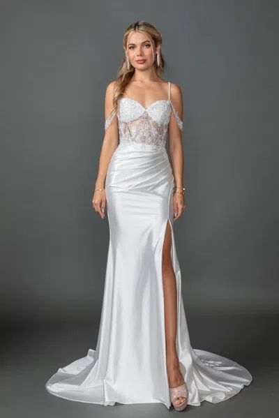 Dq Spaghetti Strap Wedding Dress With Beaded Corset, Draped Skirt, And Side Slit In White