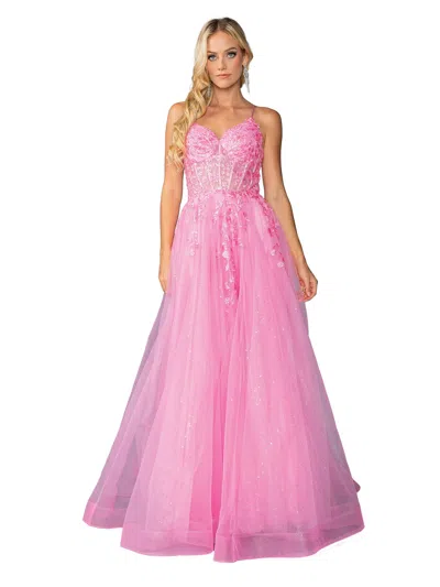 Dq Sparkling Tulle Ballgown With Lace Applique Bodice And Glitter Overlay Prom Dress In Pink