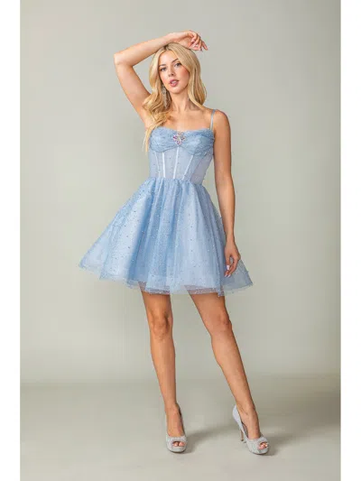 Dq Sparkly Tulle A-line Dress With Spaghetti Straps And Crisscross Back Detail Homecoming Dress In Blue
