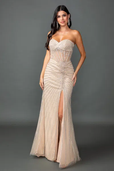 Dq Strapless Beaded Mesh Prom Dress With Radiating Embellishments And Front Leg Slit In Neutral