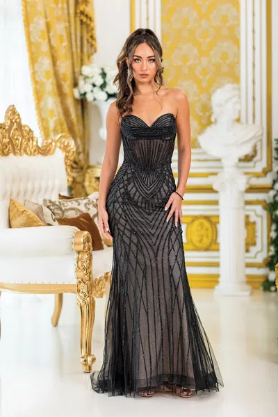 Dq Strapless Beaded Prom Dress With Sheer Detailing And Fitted Skirt In Black