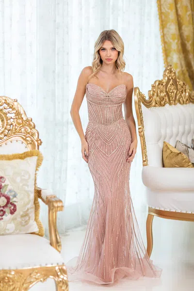 Dq Strapless Beaded Prom Dress With Sheer Detailing And Fitted Skirt In Multi
