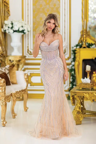 Dq Strapless Beaded Prom Dress With Sheer Detailing And Fitted Skirt In Pink