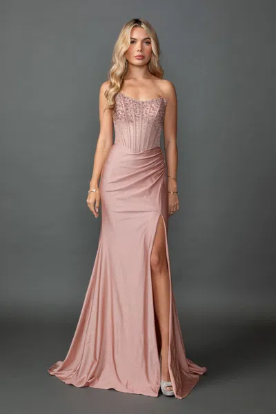 Dq Strapless Embellished Corset Bodice Draped Satin Fitted Prom Dress With High Slit And Train In Pink